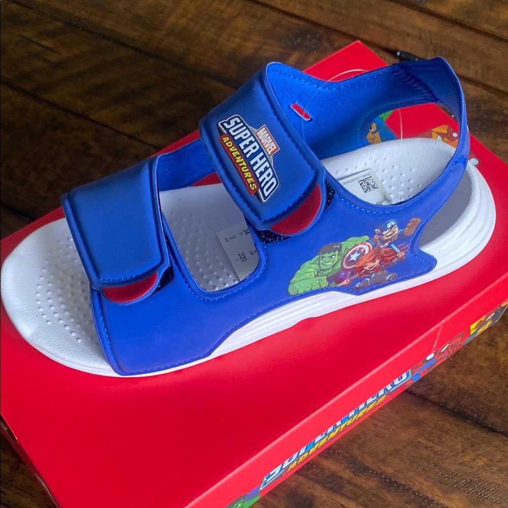 Marvel Super Hero Adidas Blue and White Sandals with Velcro Straps. NIB